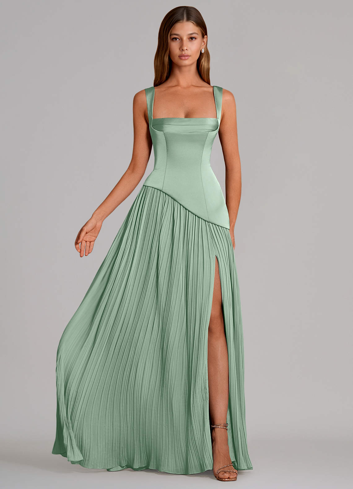 Azazie Stephanie Vestidos de damas de honor Vestido de Agave de Satén Elástico de Corte en A con Plisado image3