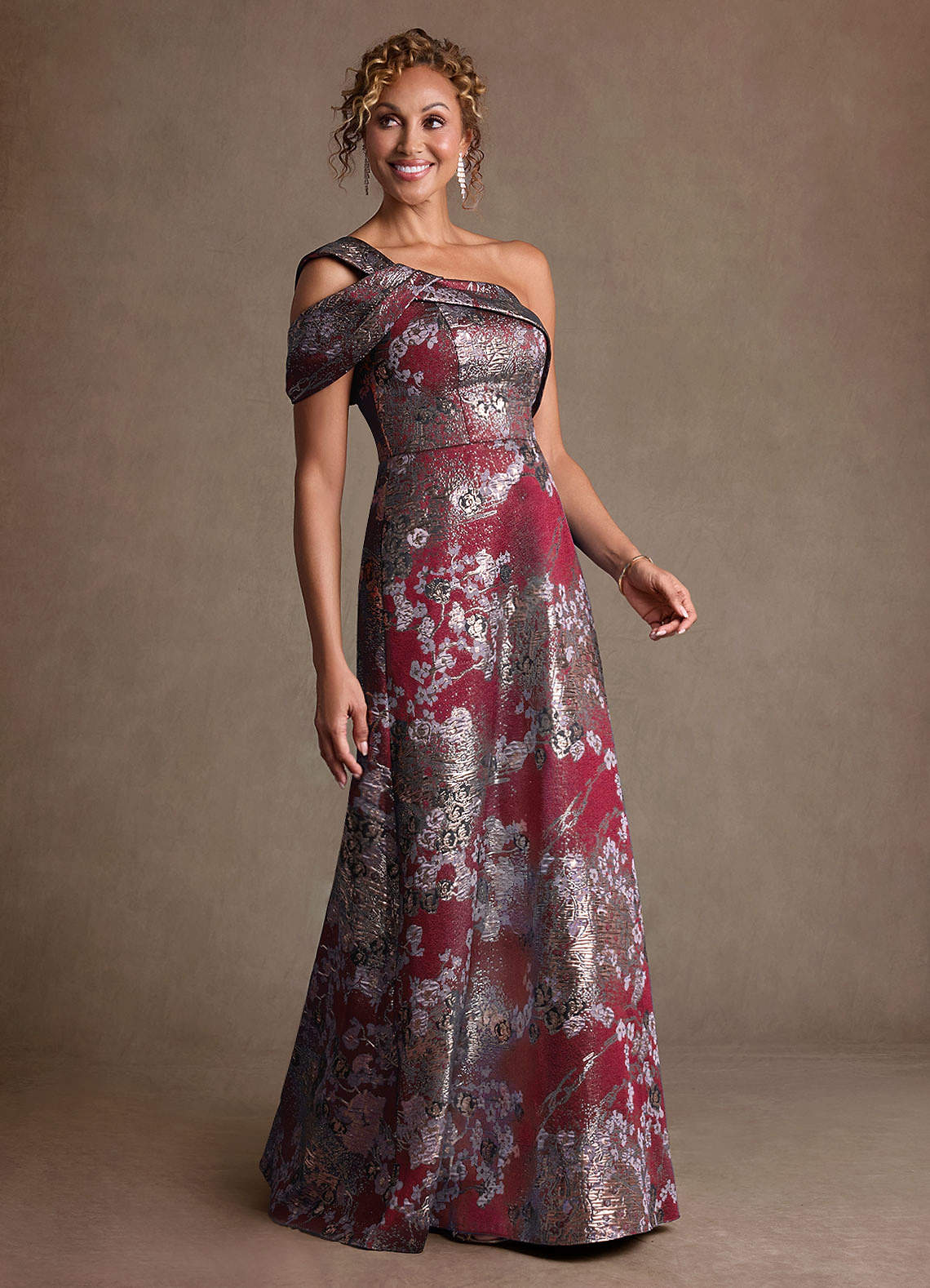 Azazie Yeshe Merlot Floral A-Line Pleated Floral Jacquard Dress