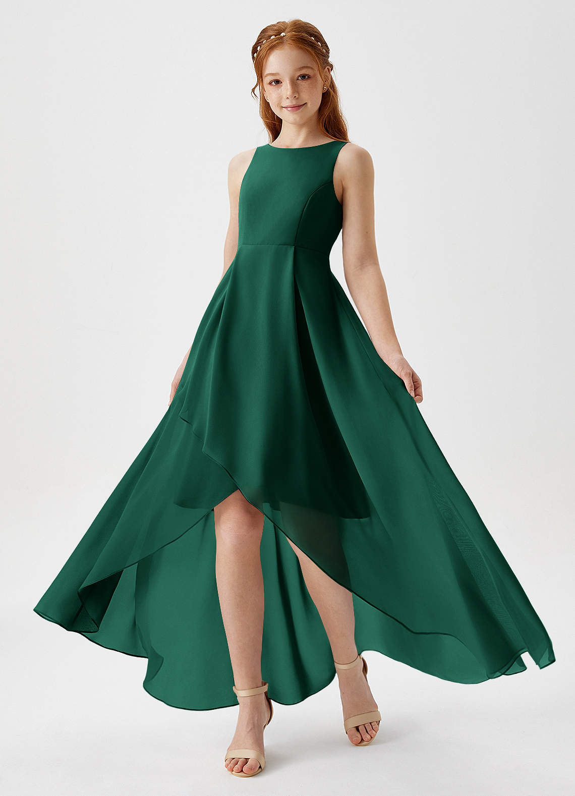 Azazie Lizette Junior A-Linie Plissee Chiffon Kleid Smaragd image1