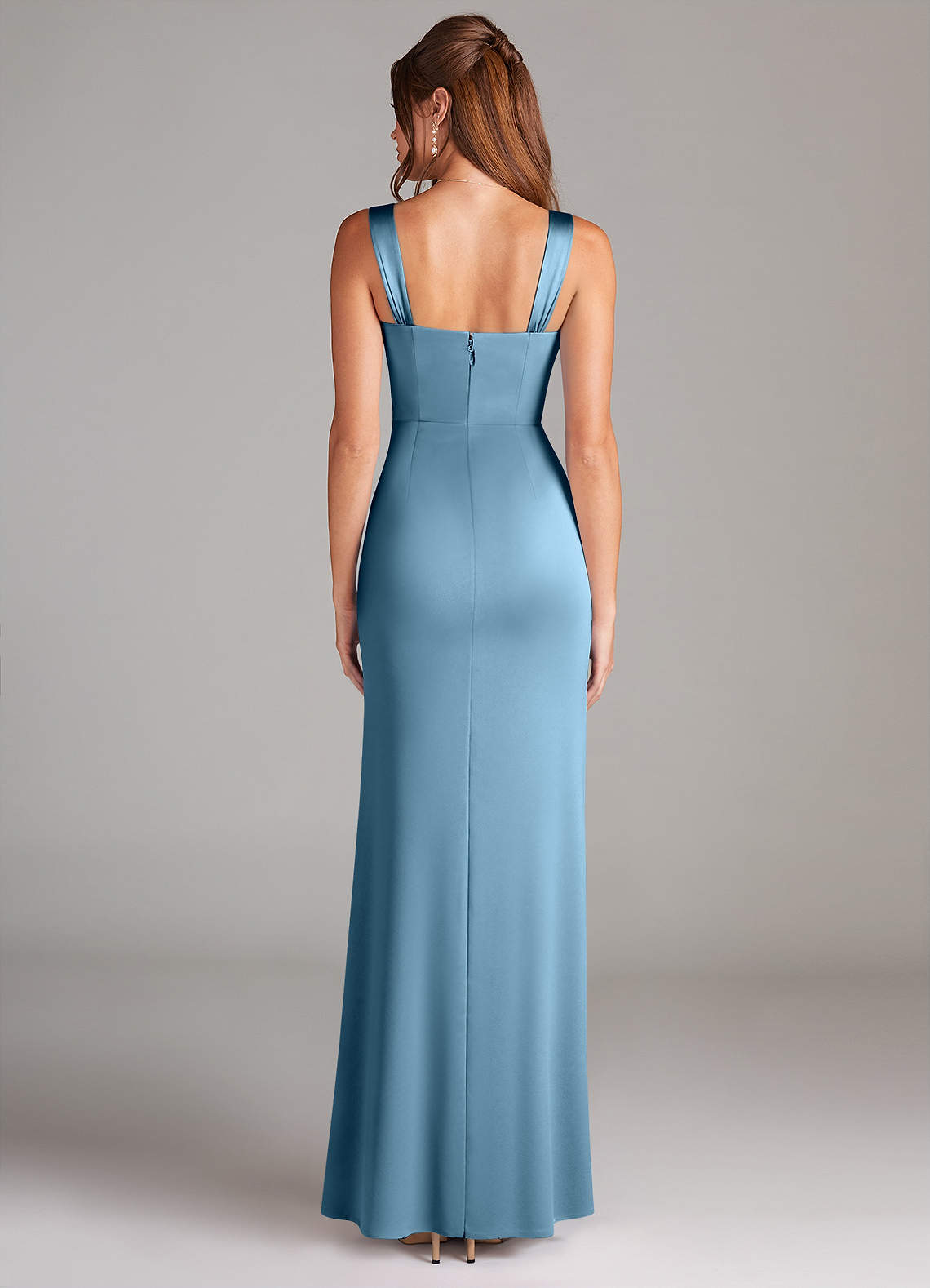 Azazie Denice Bridesmaid Dresses Steel Blue Sheath Pleated Stretch Satin Dress image1
