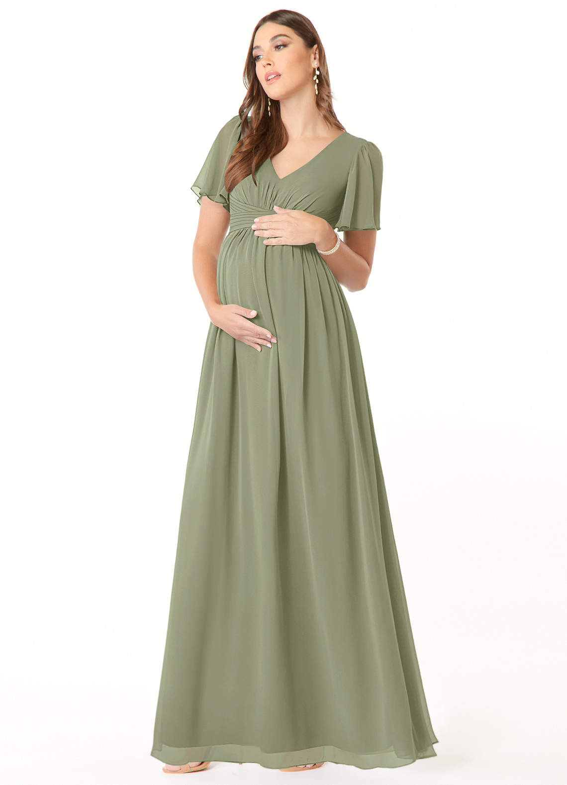 Azazie Verna Kleider zum Anprobieren zu Hause A-Linie V-Hals Gerüscht Chiffon Bodenlänge Kleid image2