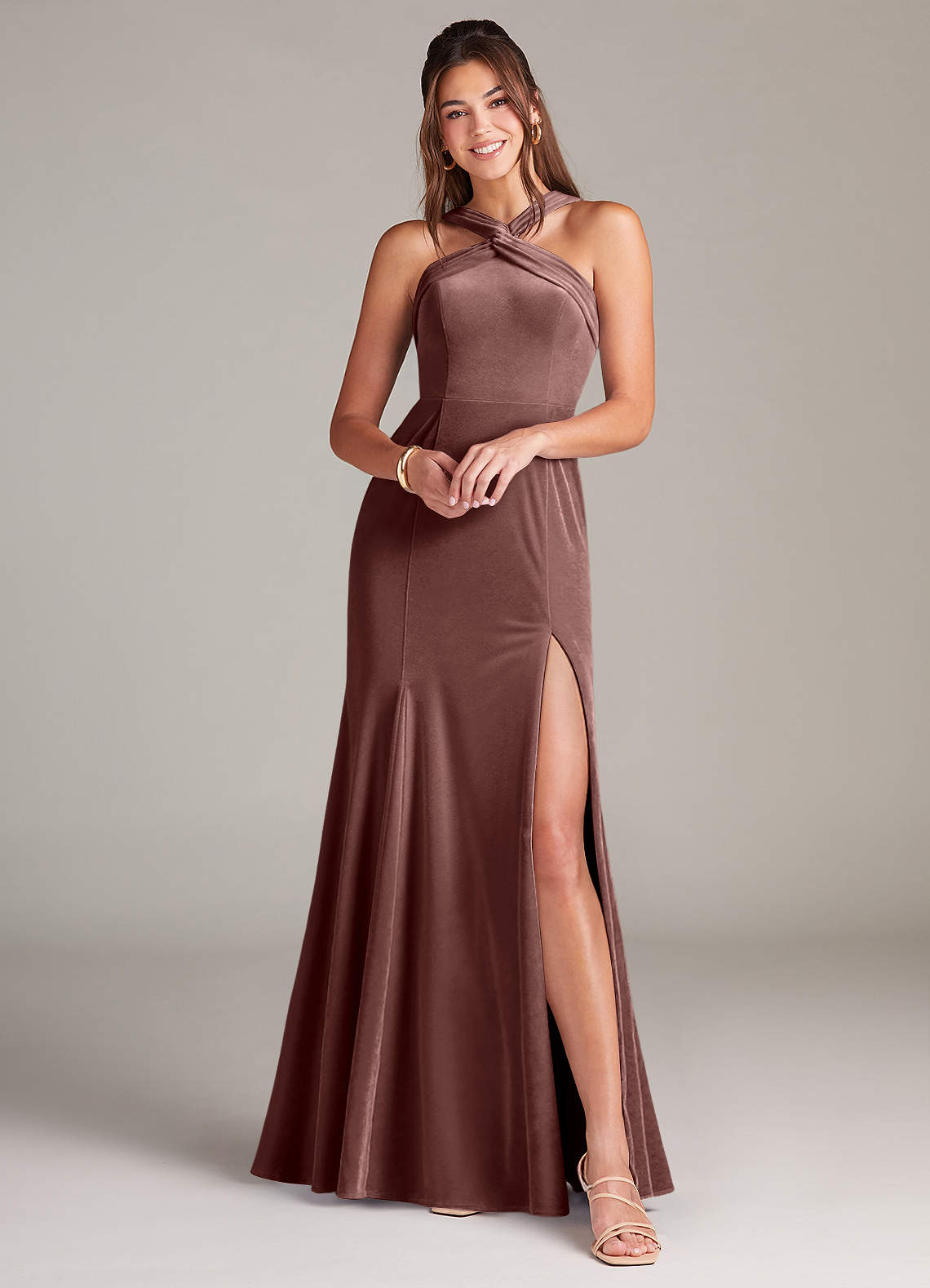 Azazie Rue Bridesmaid Dresses Espresso A-Line Pleated Velvet Dress image1