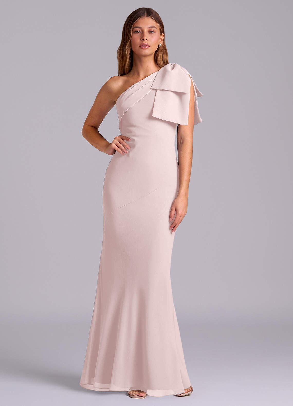 Azazie Yuanna Bridesmaid Dresses Blushing Pink Mermaid One Shoulder Chiffon Dress image1