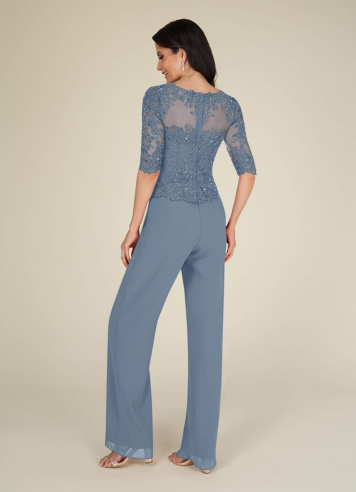 Azazie Florida Abiti per la Madre della Sposa Abito Tuta Pantaloni in Chiffon Lustrini Blu Polveroso image9