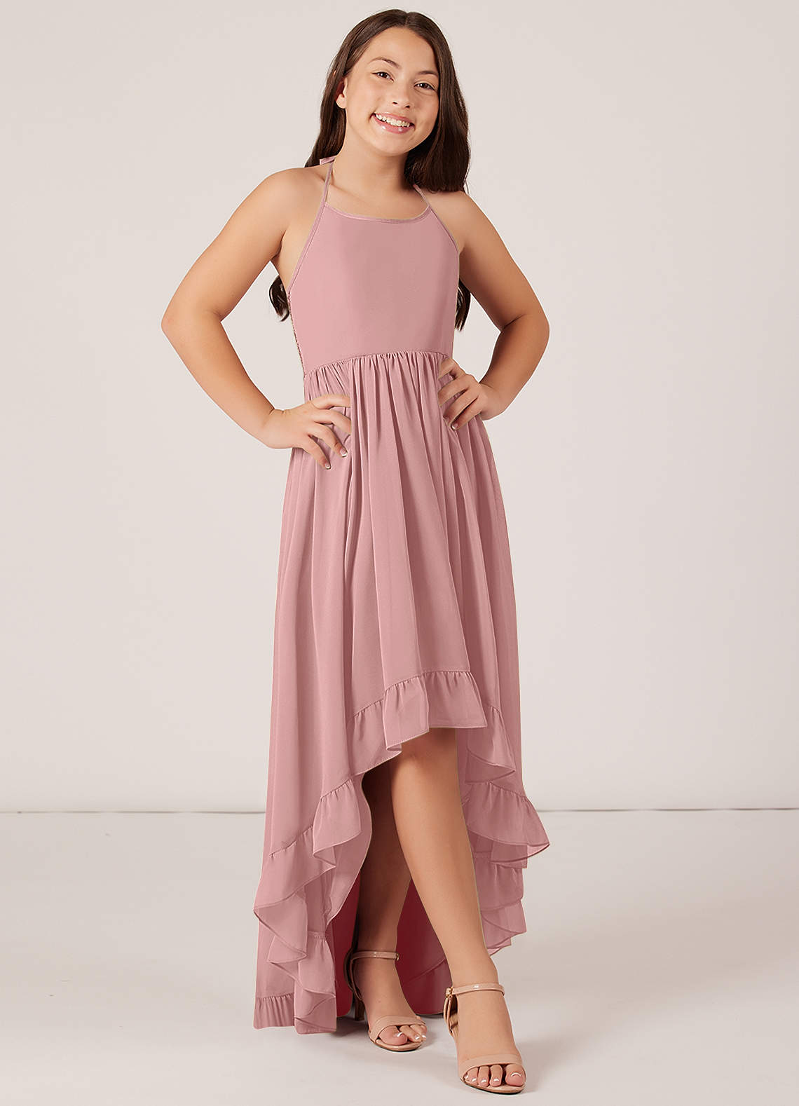 Azazie Sarafina Junior A-Linie Spitze Chiffon Kleid Altrosa image1
