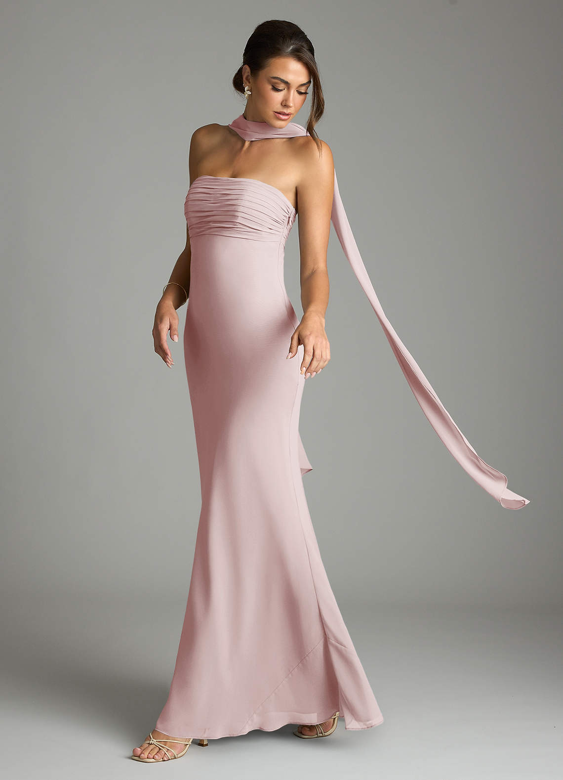 Azazie Saylor Vestidos de damas de honor Vestido de Rosa Rubor de Gasa de Corte Sirena con Sin tirantes image7