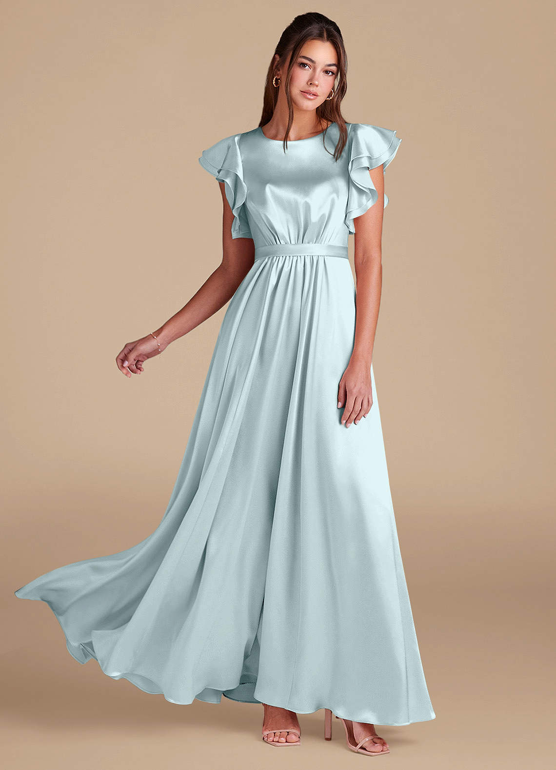 Azazie Daphne Modest Bridesmaid Dresses A-Line Ruched Metallic Satin Floor-Length Dress image1