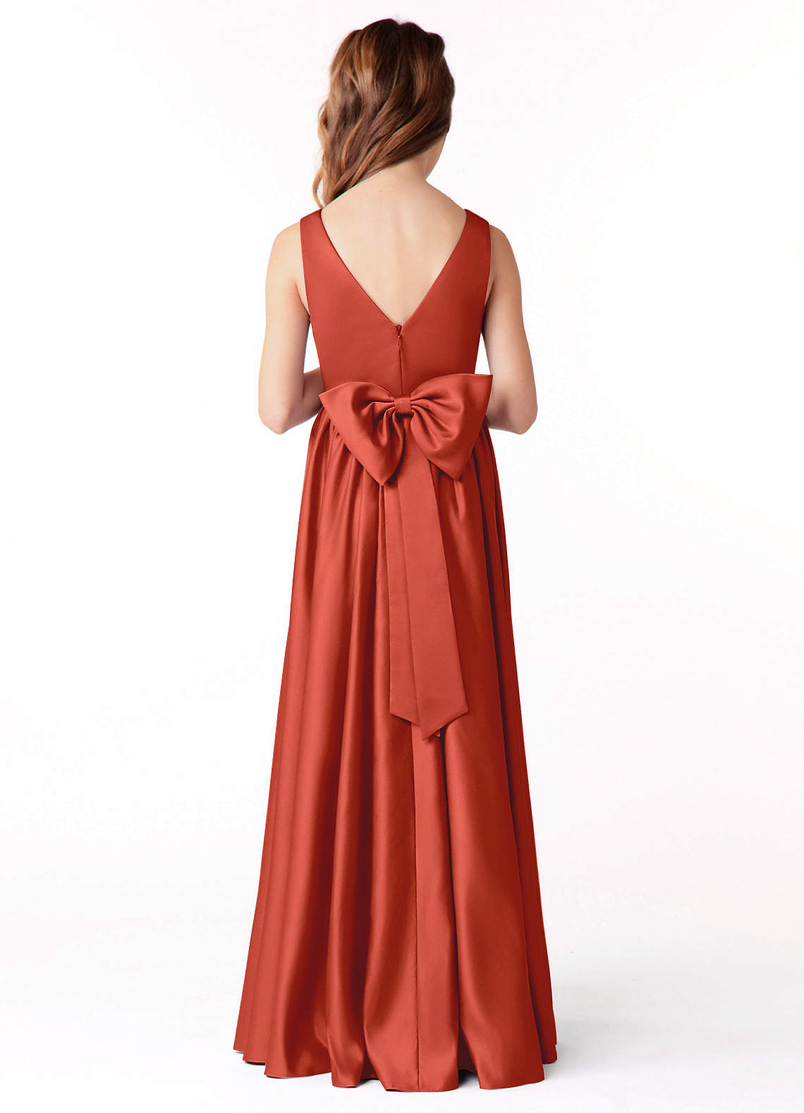 Azazie Hathaway Junior Abito A-Line in Raso Elasticizzato Fiocco Ruggine image1