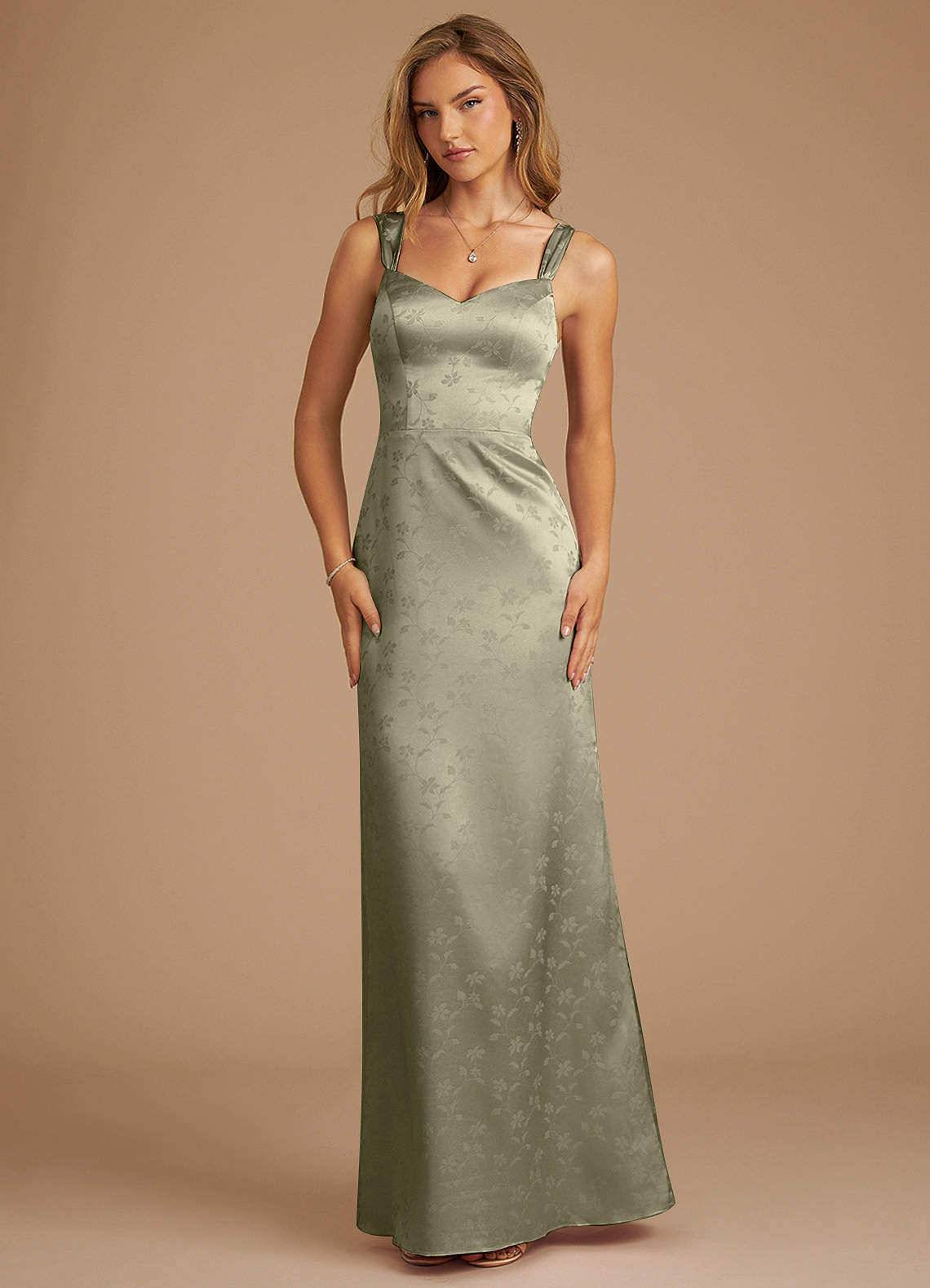 Azazie Denice Bridesmaid Dresses Olive Floral Jacquard Sheath Pleated Floral Jacquard Dress image1