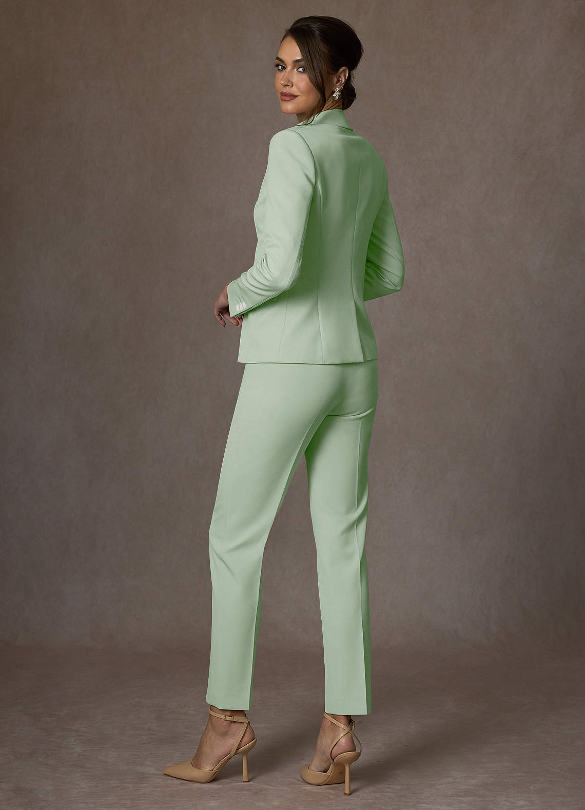 front Whitney Dusty Sage Structured Stretch Full Length Dress Pants