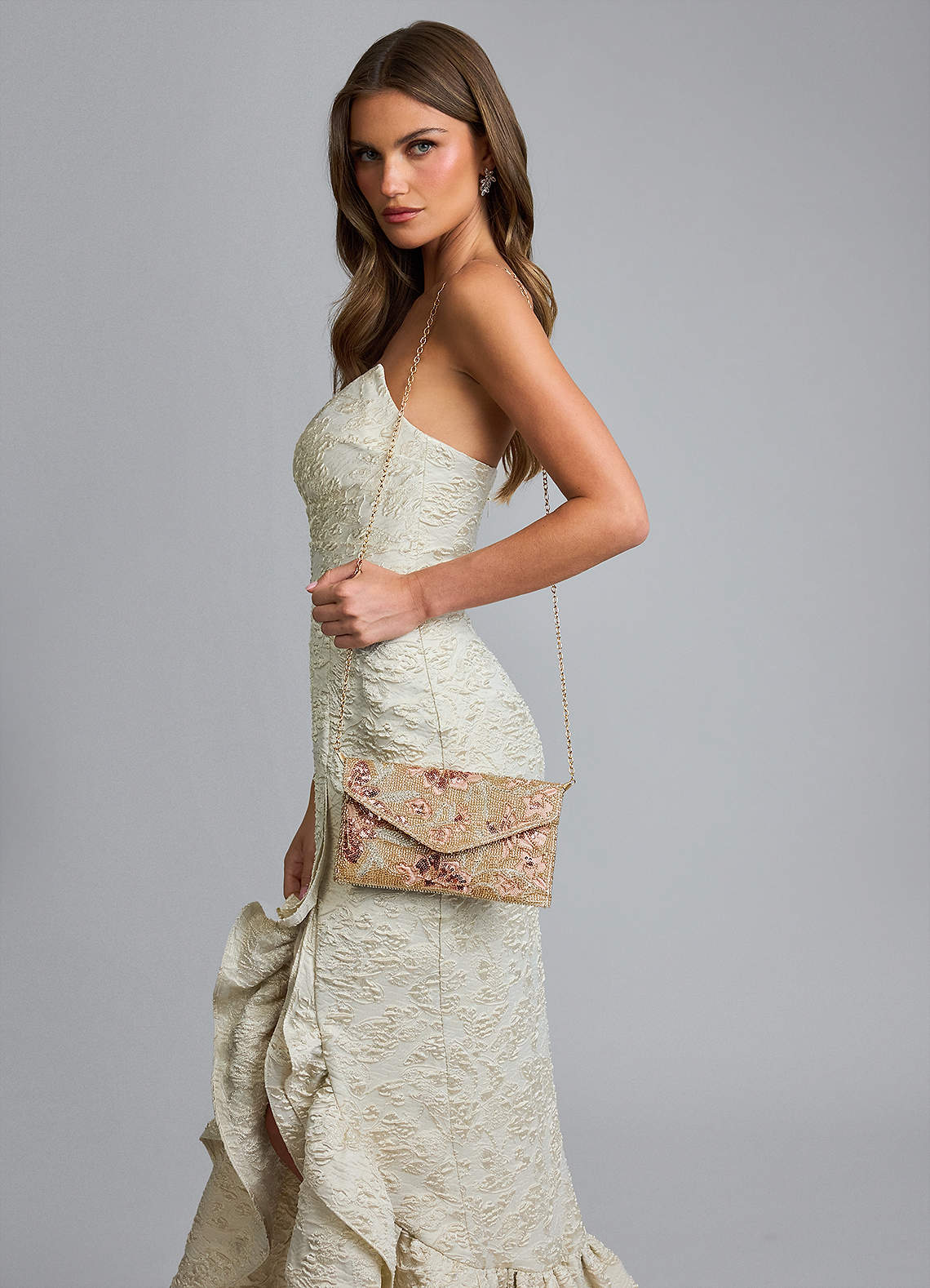 front Beaded Sequin Floral Envelope Clutch