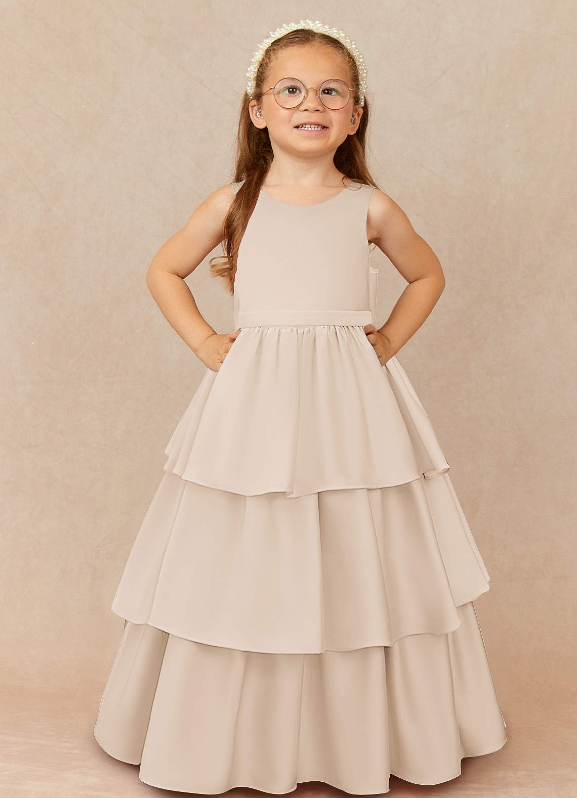 Azazie Margie Flower Girl Dresses White Alabaster A-Line Bow Stretch Satin Dress image1