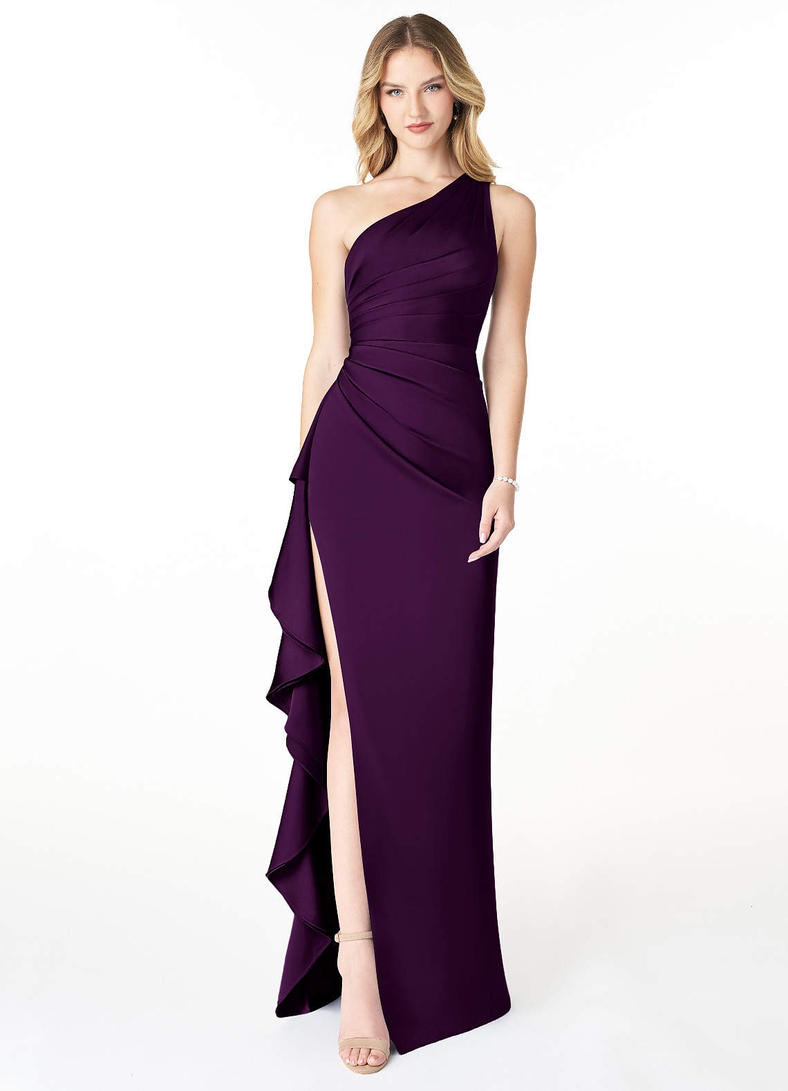 Azazie Latrice Bridesmaid Dresses Grape Sheath One Shoulder Cascading Ruffles Stretch Satin Dress image1