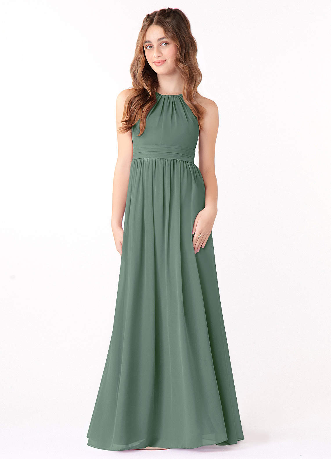 Azazie Jaylah Junior Eucalyptus A-Line Ruched Chiffon Dress image4