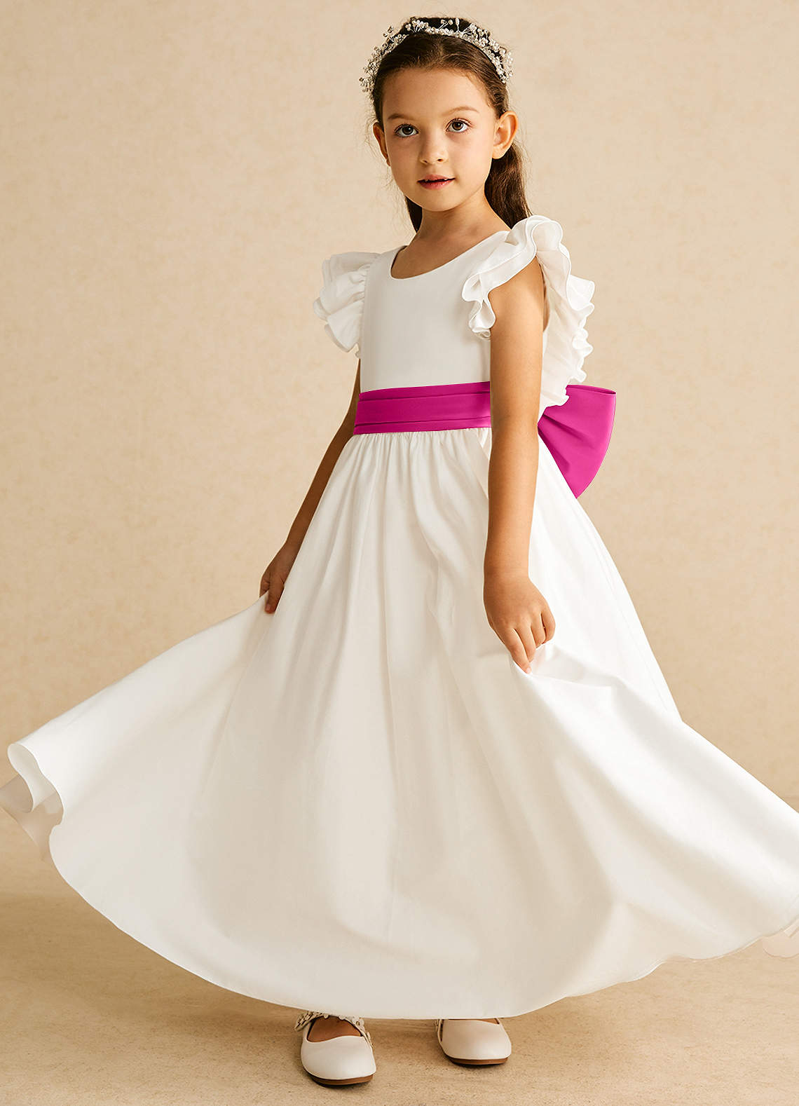 Azazie Aero Robe Demoiselle D'honneur Fillette Robe Trapèze en Coton Plissée Ivoire Fuchsia image1