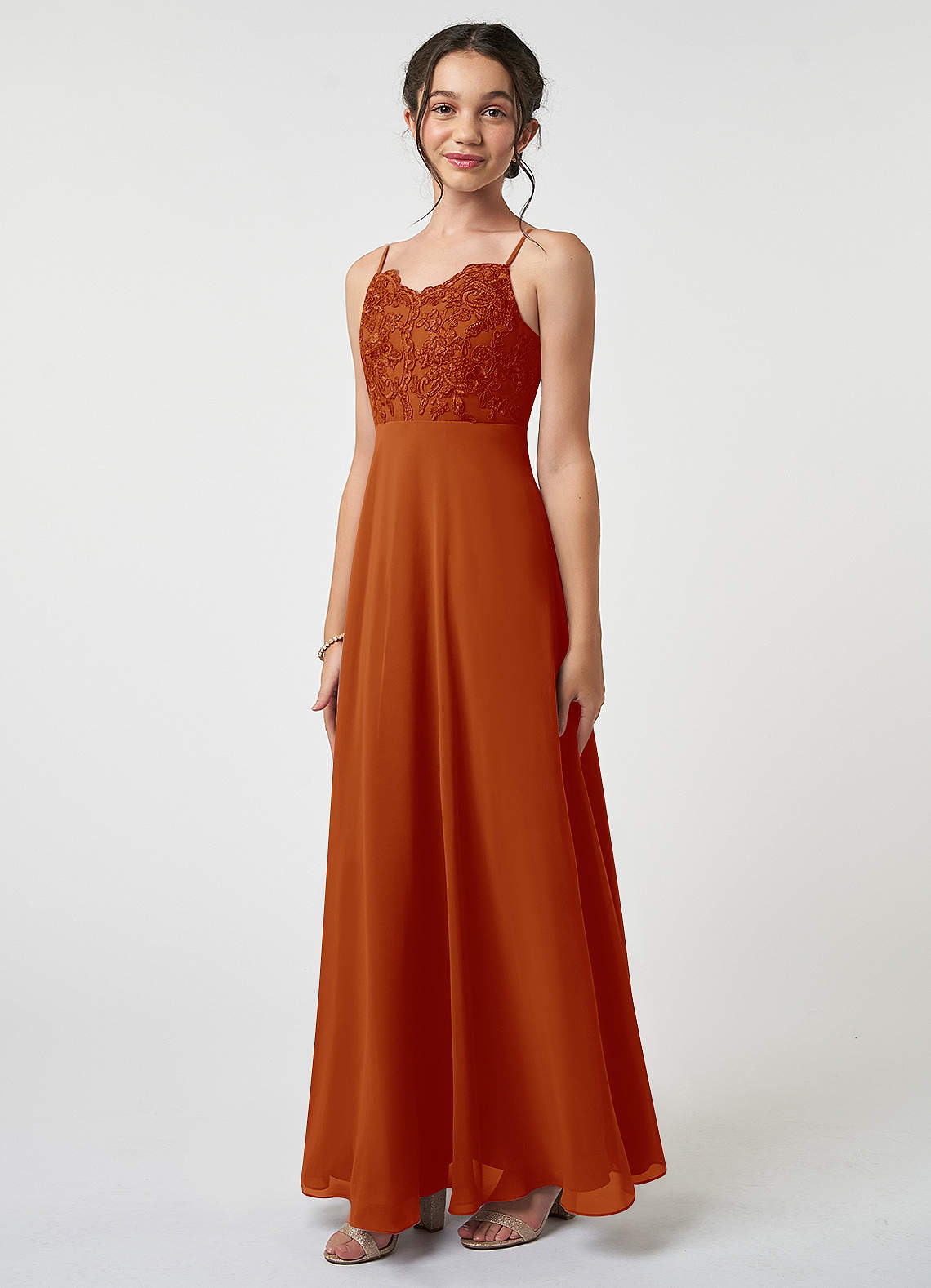 Azazie Sonya Junior Paprika A-Line Lace Chiffon Dress image1