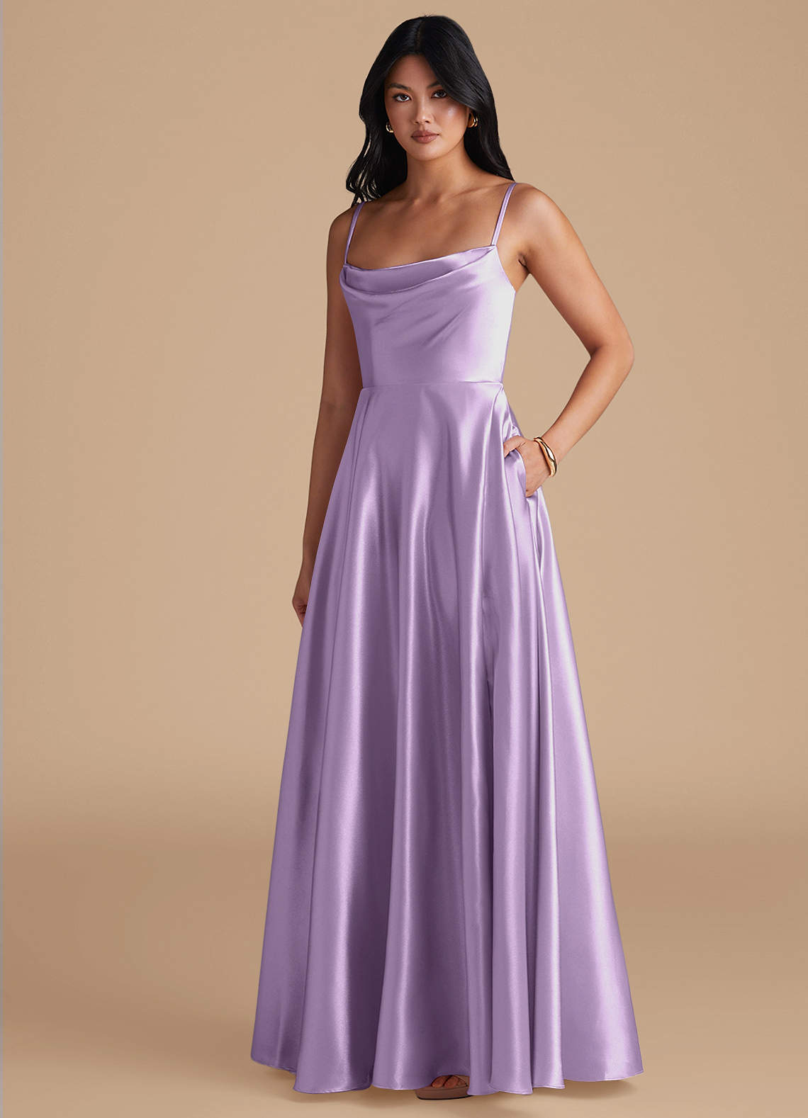 Azazie Elle Bridesmaid Dresses Lilac A-Line with Pockets Metallic Satin Dress image1