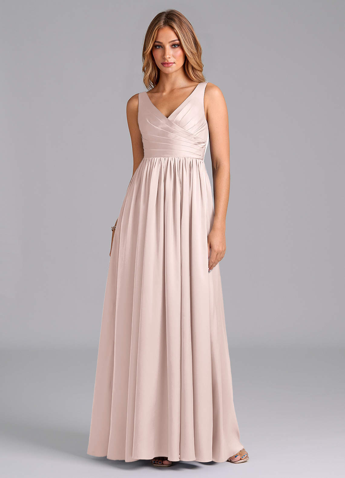 Azazie Keyla Bridesmaid Dresses Blushing Pink A-Line Pleated Stretch Satin Dress image1