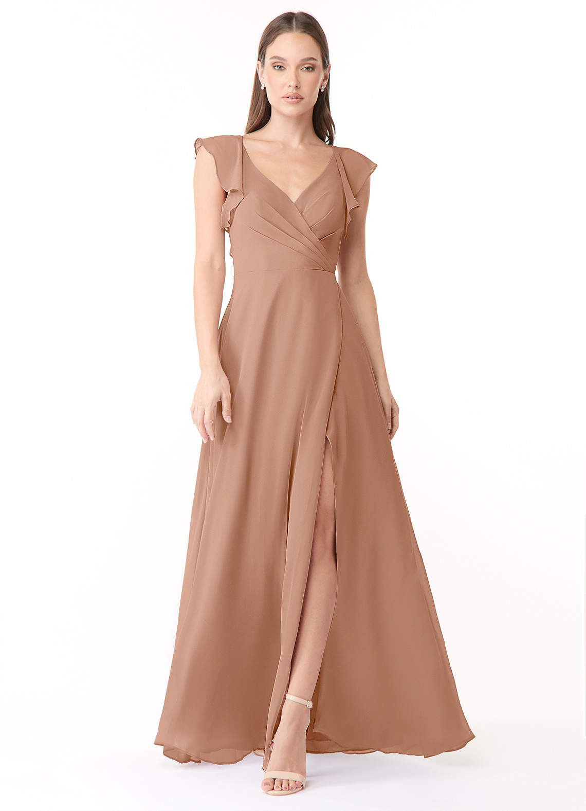 Azazie Yoko Bridesmaid Dresses Champagne Rose A-Line Ruched Chiffon Dress image1