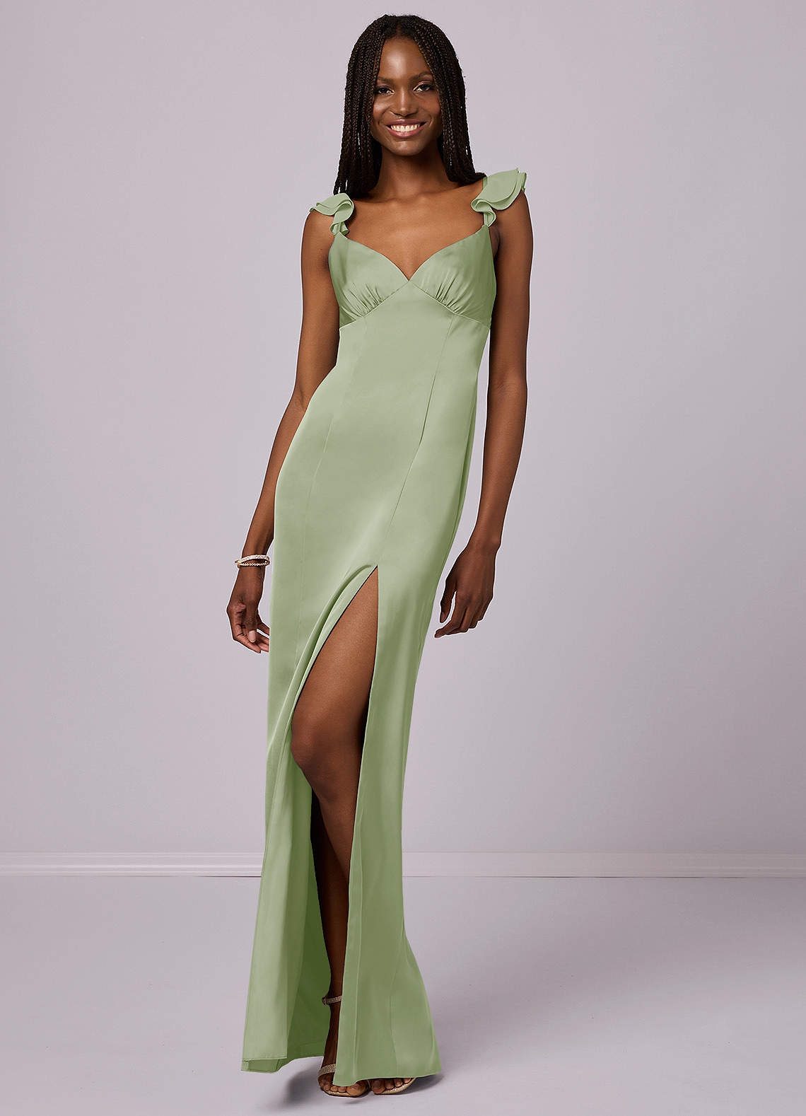 Barbie ♥ Azazie Bridesmaid Dresses Dusty Sage Sheath Stretch Satin Dress image2