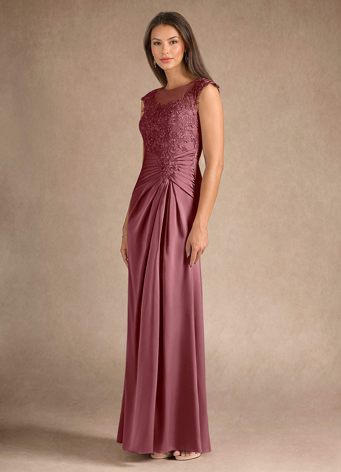 Azazie Santa Barbara vestidos de madre de la novia Vestido de Rosa Del Desierto de Satén Elástico de Recto con Plisado image5