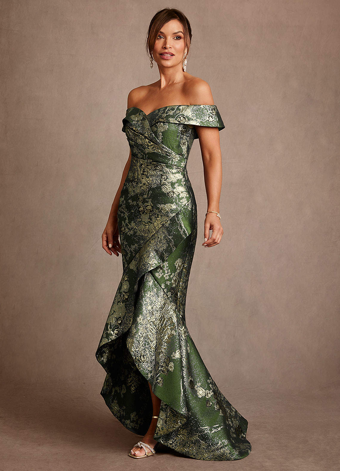 Azazie Winnetka Mother of the Bride Dresses Matcha Green Mermaid Off the Shoulder Floral Jacquard Dress image2