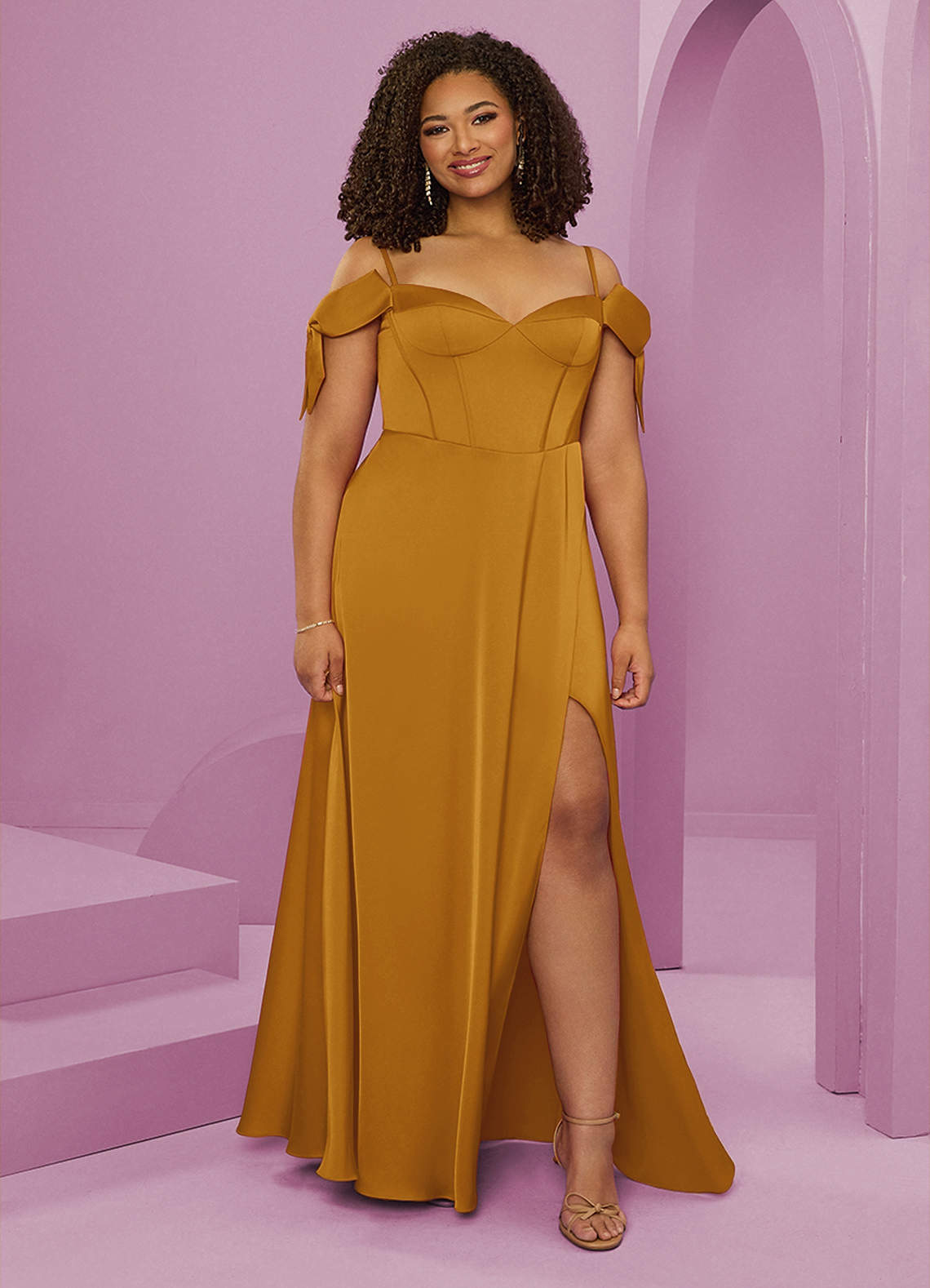 Barbie ♥ Azazie Bridesmaid Dresses Butterscotch A-Line Off the Shoulder Stretch Satin Dress image1