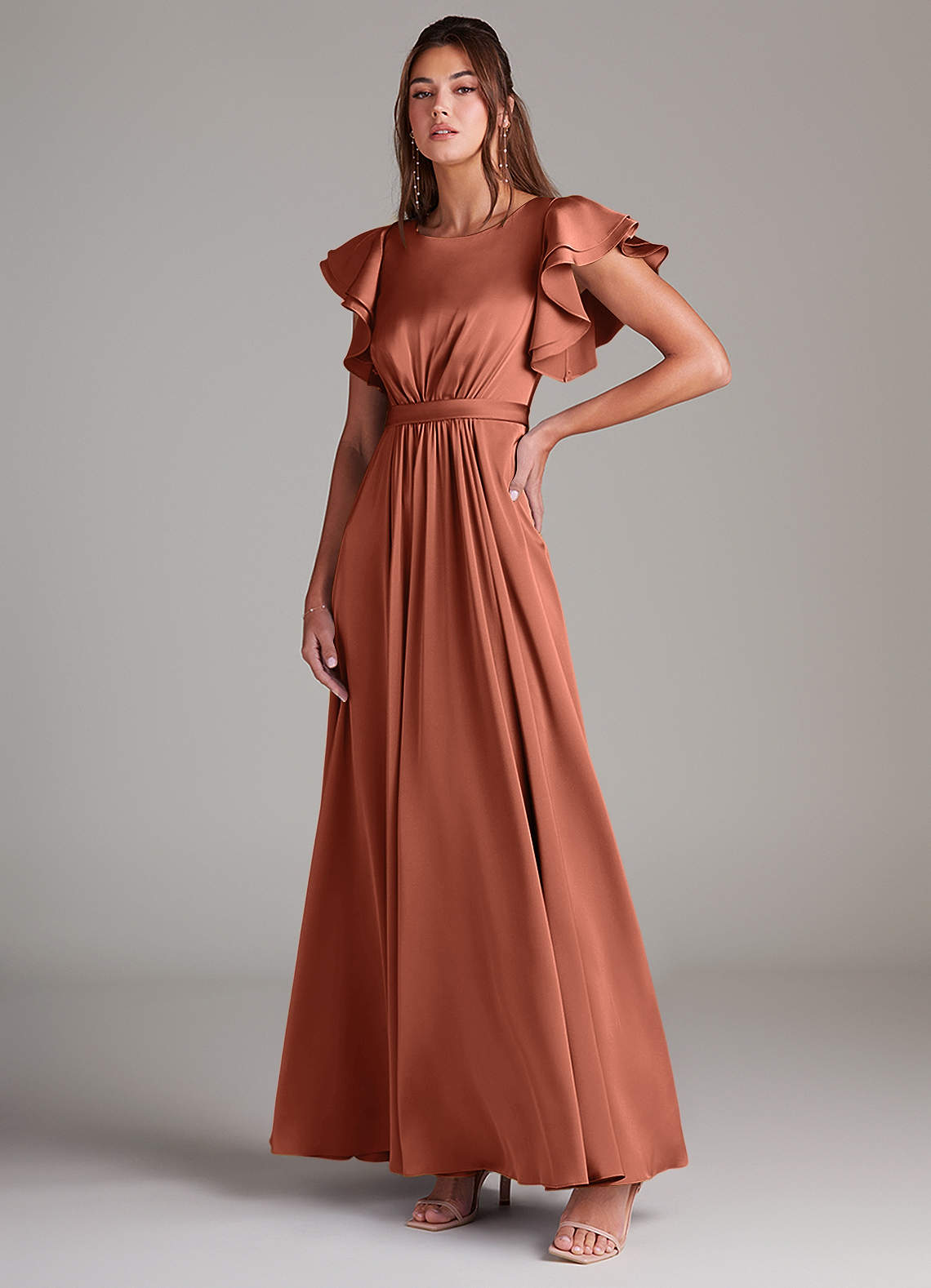 Azazie Daphne Modest Bridesmaid Dresses A-Line Ruched Stretch Satin Floor-Length Dress image3
