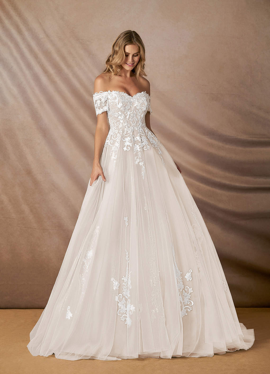 Azazie Rowe Wedding Dresses Diamond White Champagne Ball-Gown Off the Shoulder Tulle Dress image2