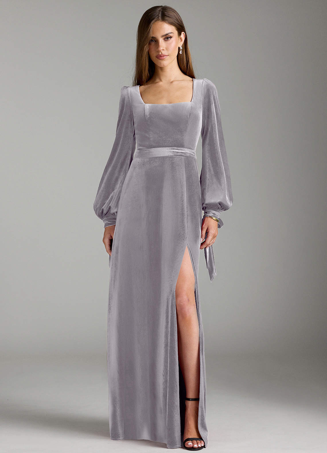 Azazie Leonia Bridesmaid Dresses French Lilac A-Line Long Sleeve Velvet Dress image1