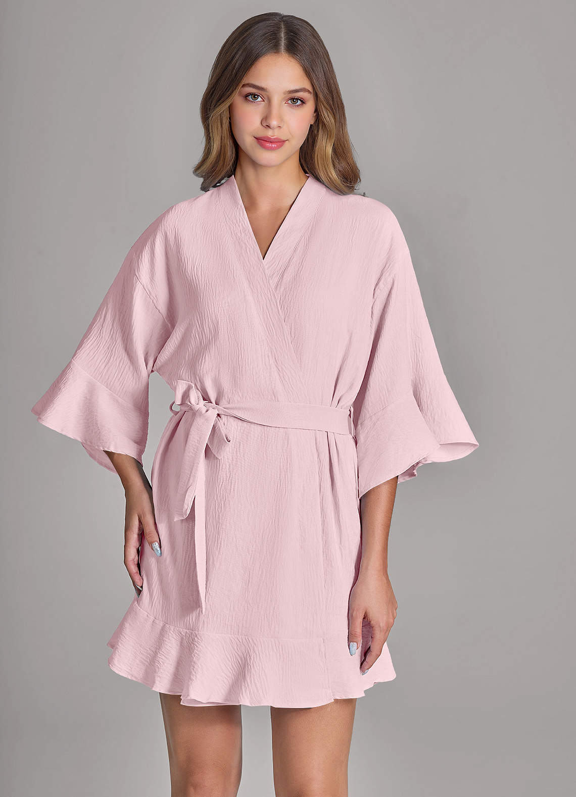 front Matching Color 2-Piece Ruffled Cloud-Soft Robe and Slip Set