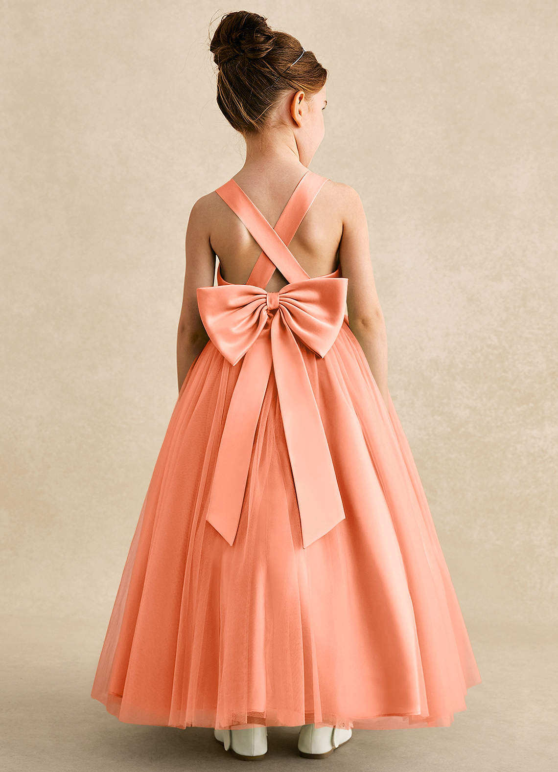 Azazie Peanut Robe Demoiselle D'honneur Fillette Robe Trapèze en Tulle Bretelle Coucher De Soleil image1