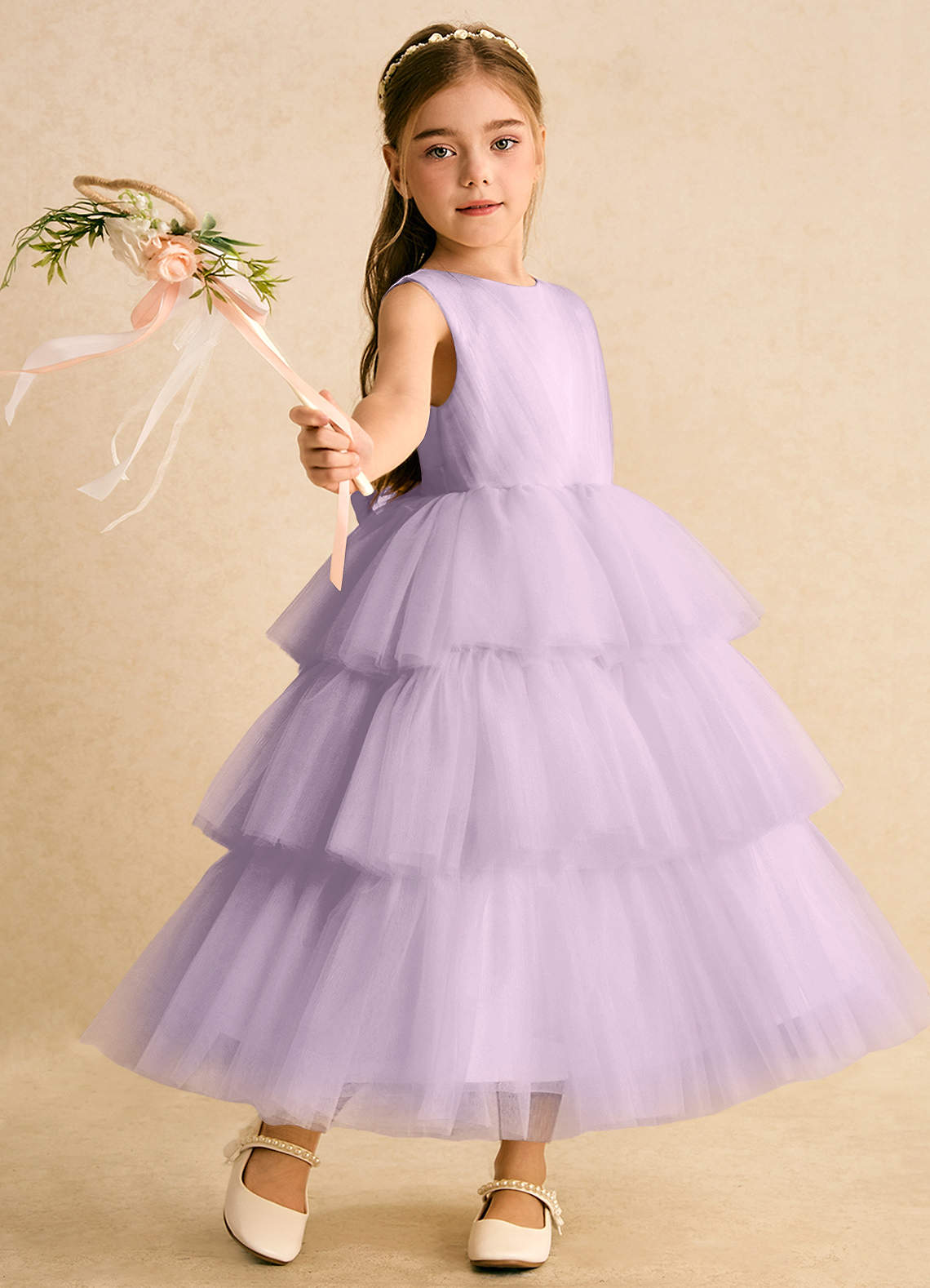 Azazie Marshmallow Flower Girl Dresses Frosted Lilac Ball-Gown Bow Tulle Dress image1