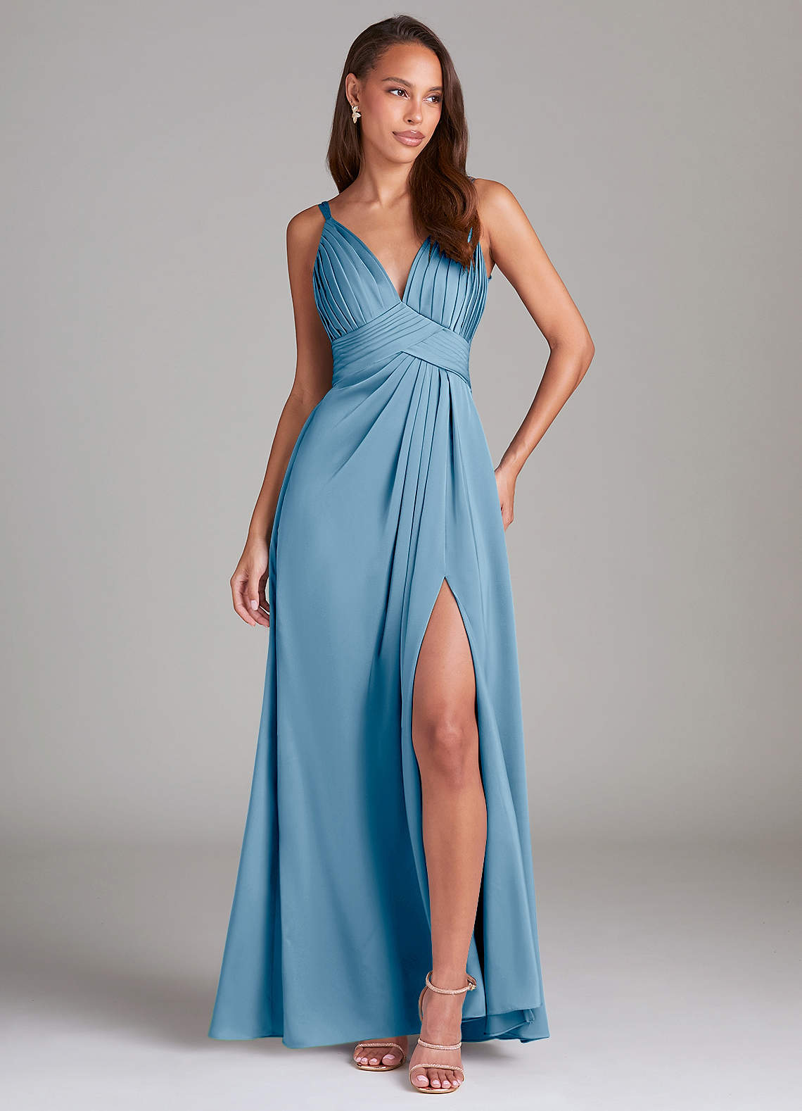 steel blue bridesmaid dresses long Long Chiffon Bridesmaid Dresses V Neck Lace Beaded main image 0