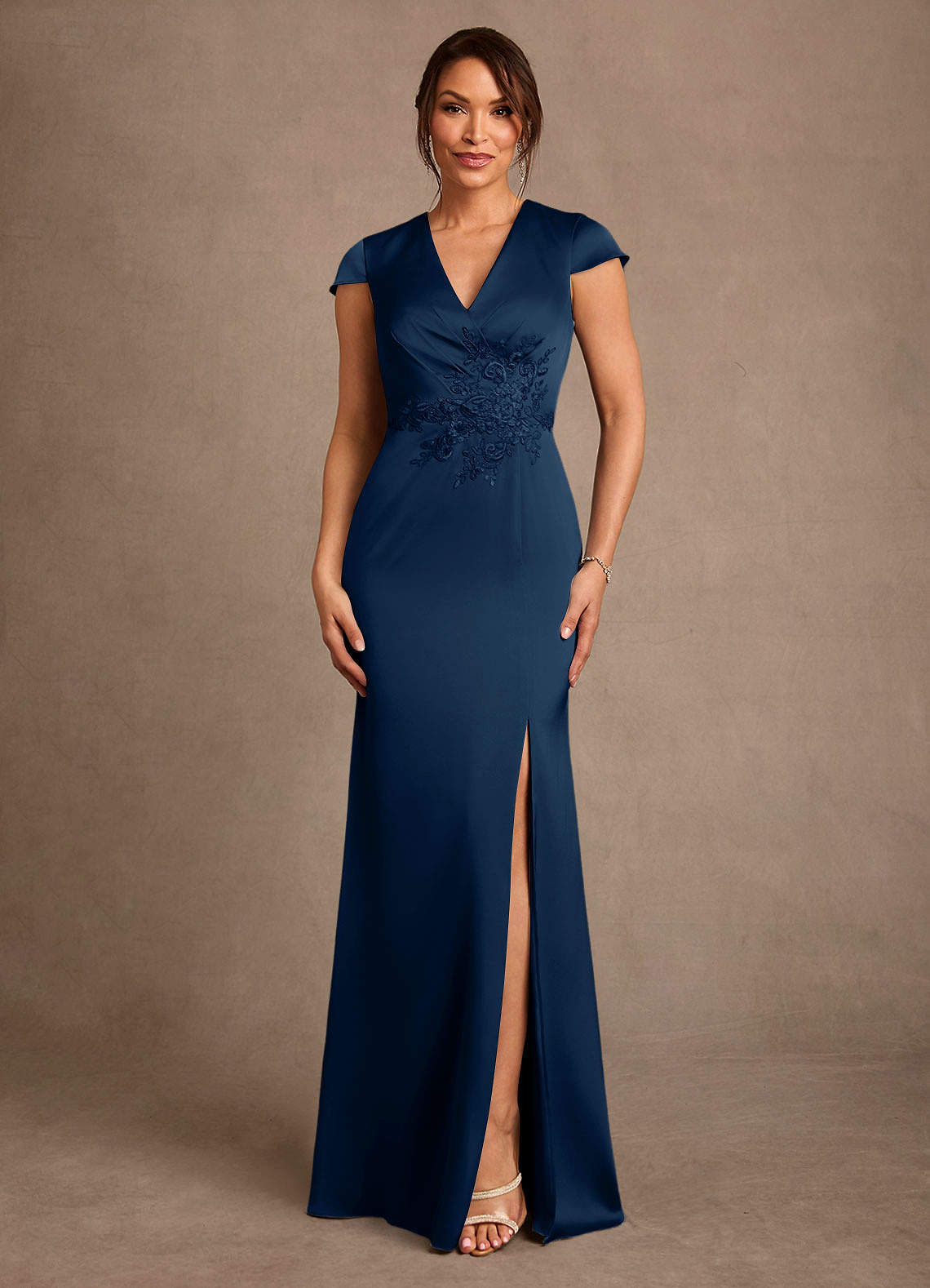 Azazie Rilda Dark Navy Sheath Lace Stretch Satin Dress Ready to Ship