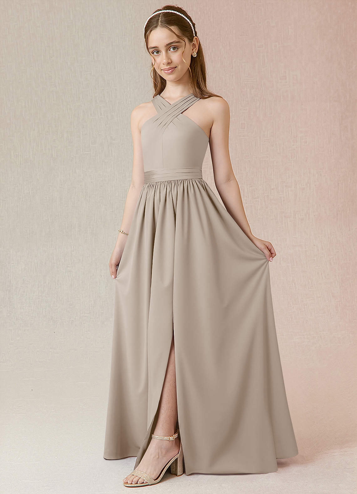 Azazie Jiya Junior Frost A-Line Pleated Stretch Satin Dress image1