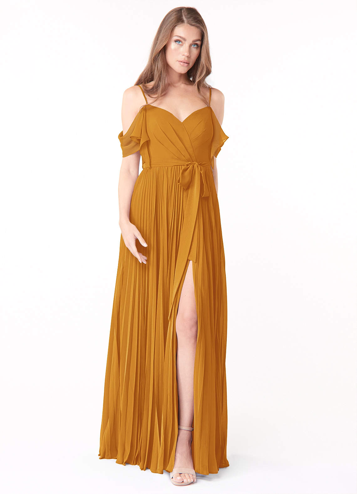 Azazie Lyney Bridesmaid Dresses Butterscotch A-Line Off the Shoulder Chiffon Dress image1