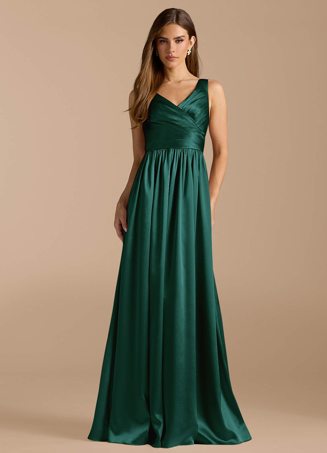 Azazie Keyla Bridesmaid Dresses Pine A-Line Pleated Metallic Satin Dress image1