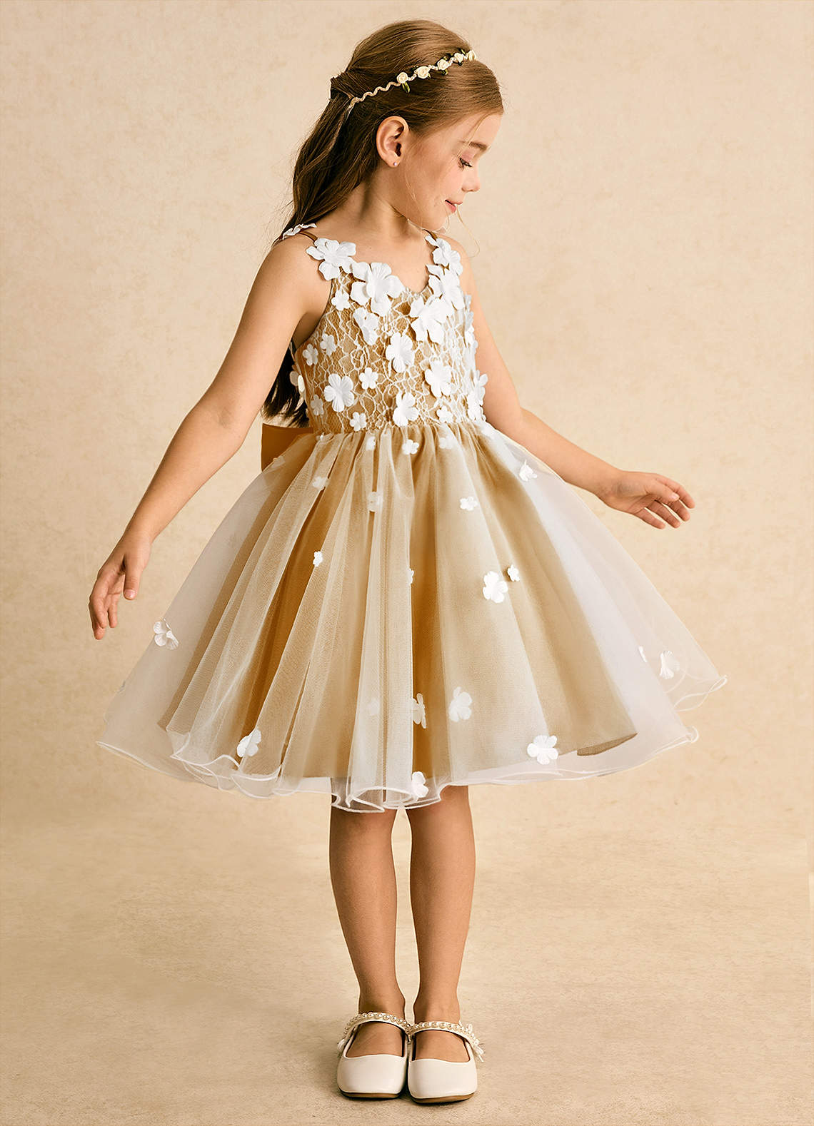 Azazie Junebug Robe Demoiselle D'honneur Fillette Robe Princesse en Tulle Dentelle Ivoire Caramel Au Beurre image3