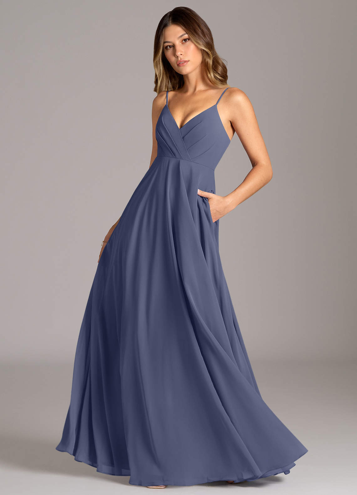 Azazie A-Line V-Neck Floor-Length Chiffon Bridesmaid Dresses - Stormy