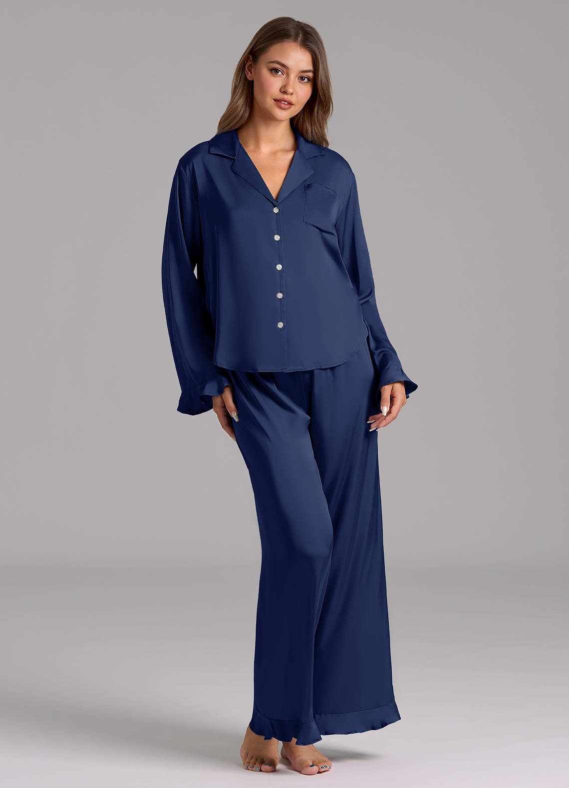 front Matching Color Ruffled Satin Long Sleeve Pajama Set