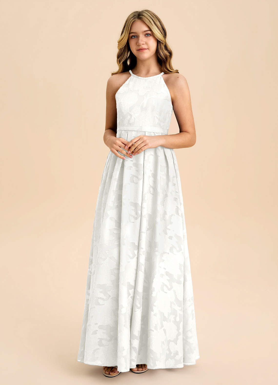 Azazie Arianthe Junior White A-Line Pleated Floral Burnout Dress image3