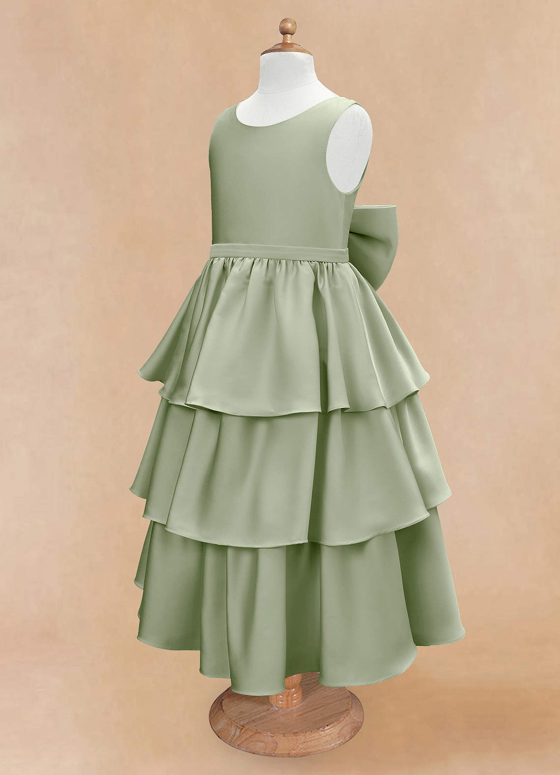 Azazie Margie Flower Girl Dresses Dusty Sage A-Line Bow Stretch Satin Dress image5