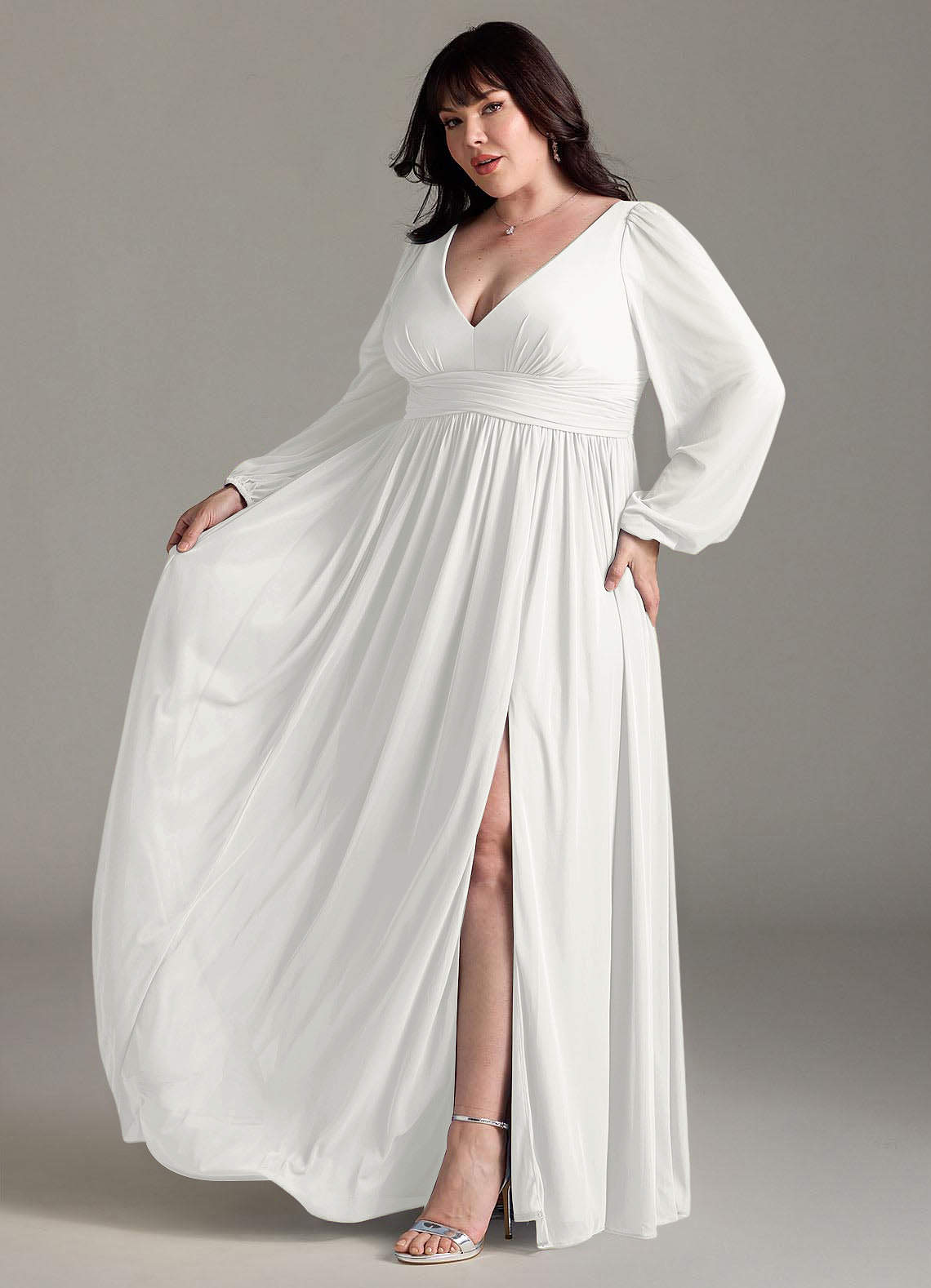 Azazie Norah Vestidos de madrinha de casamento Vestido Branco de Chiffon de Linha A com Manga comprida image9