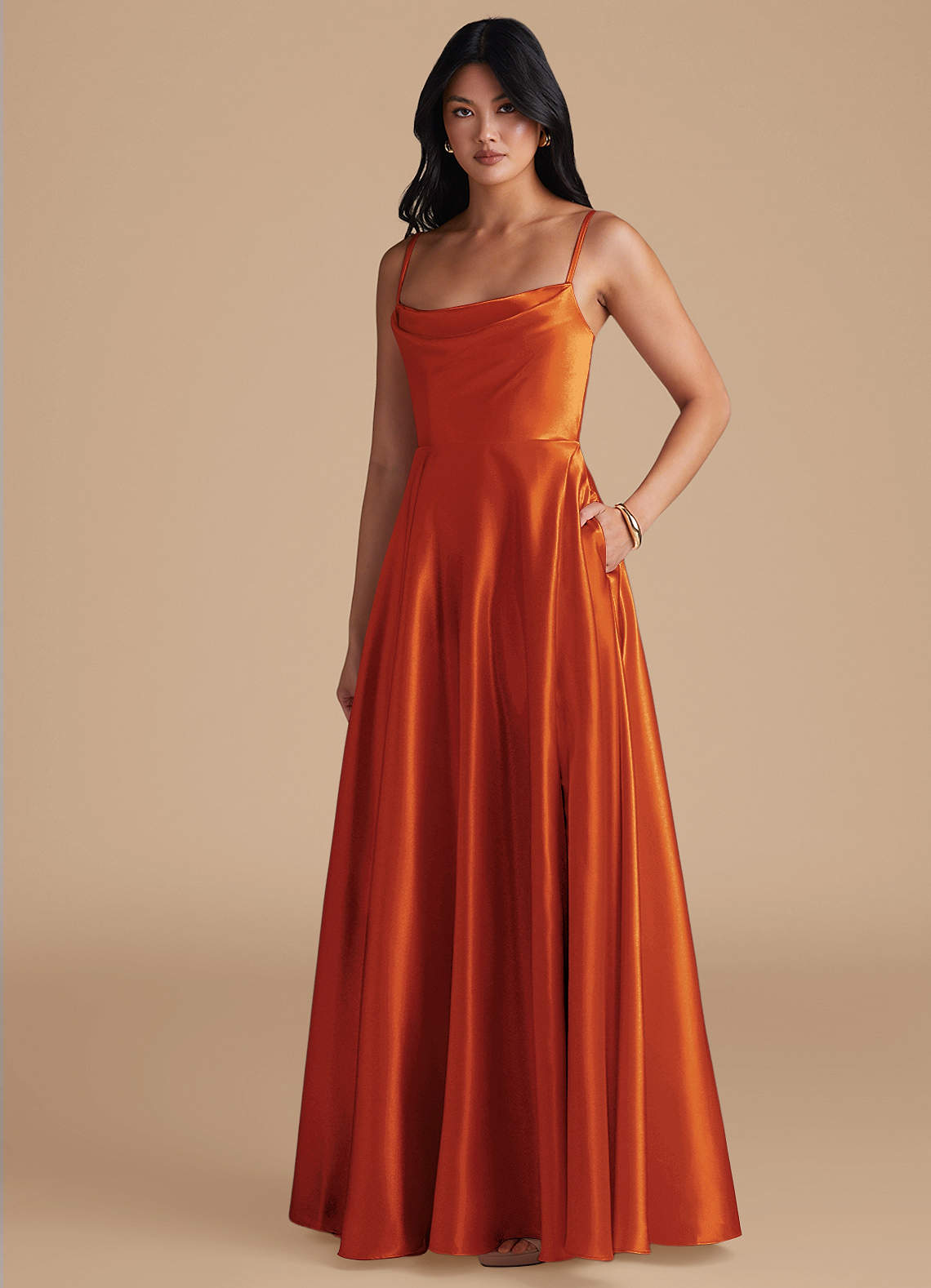 Azazie Elle Bridesmaid Dresses Paprika A-Line with Pockets Metallic Satin Dress image1
