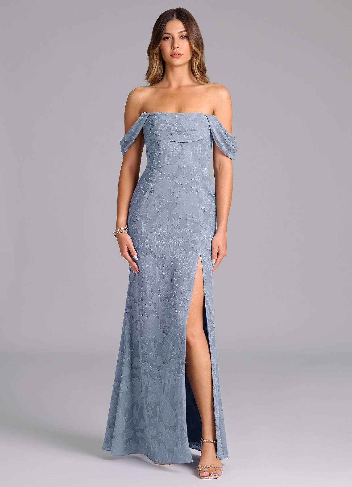 Azazie Saige At-home Try On Dresses Dusty Blue A-Line Off the Shoulder Floral Burnout Convertible Dress image3