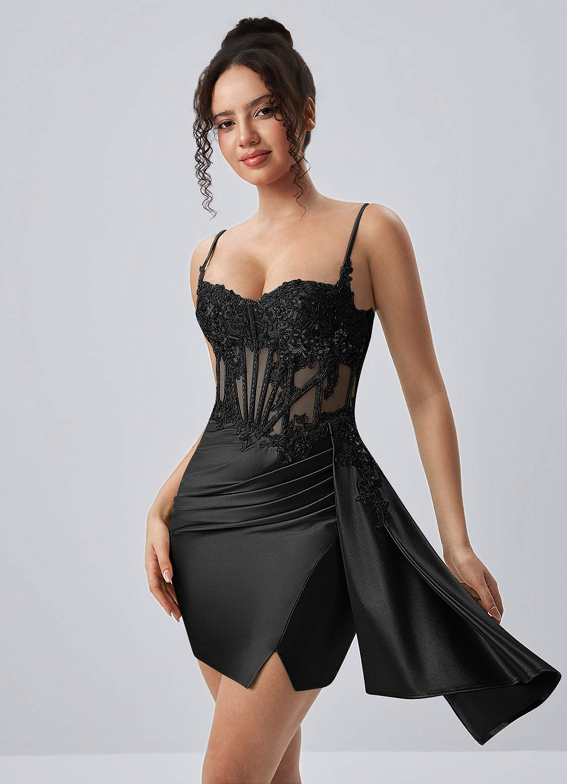 asymmetric hem corset mini dress in black Calisthenia Stretch Satin Lace Rhinestones Size:8 | US full tulle skirt gala dress LaDivine C148W A Line