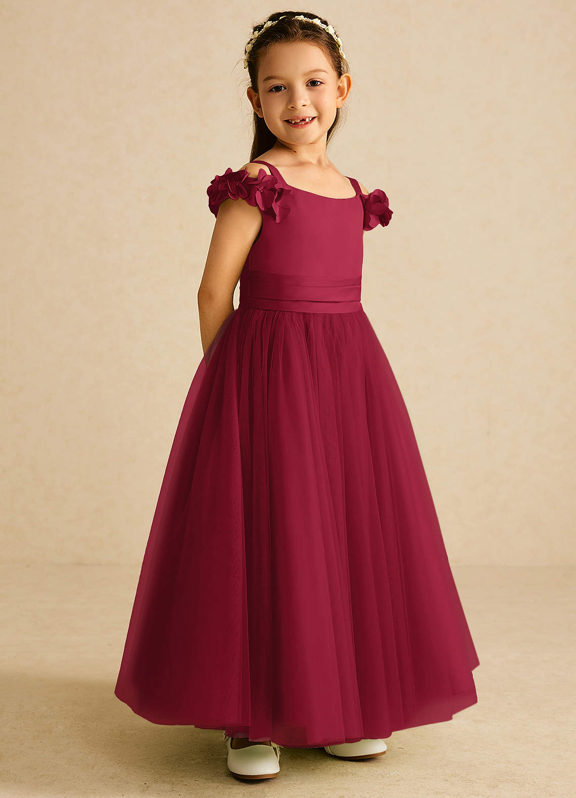 Azazie Jujube Flower Girl Dresses Burgundy A-Line Beaded Tulle Dress image1