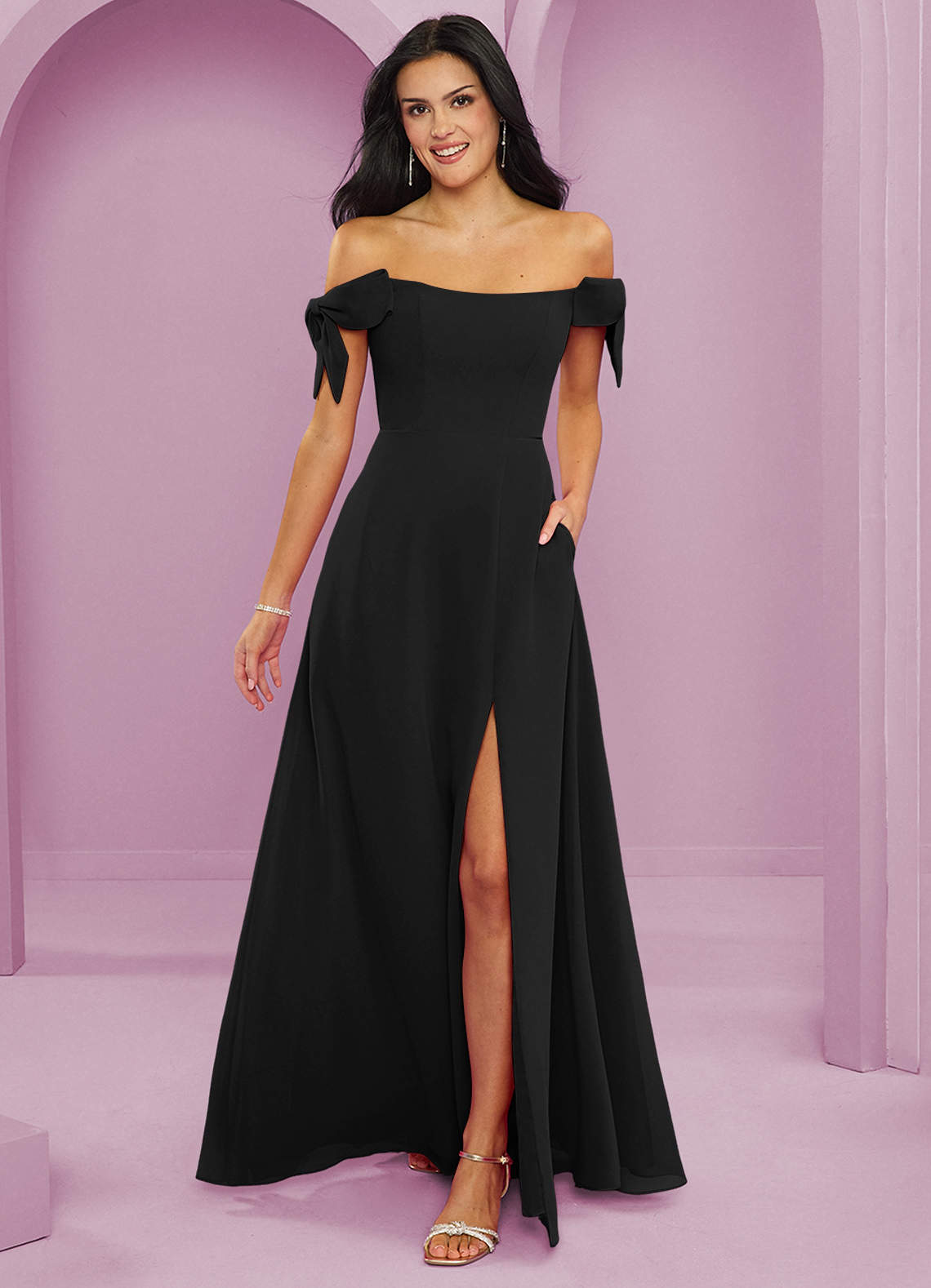 Barbie ♥ Azazie Bridesmaid Dresses Black A-Line Off the Shoulder Chiffon Convertible Dress image1