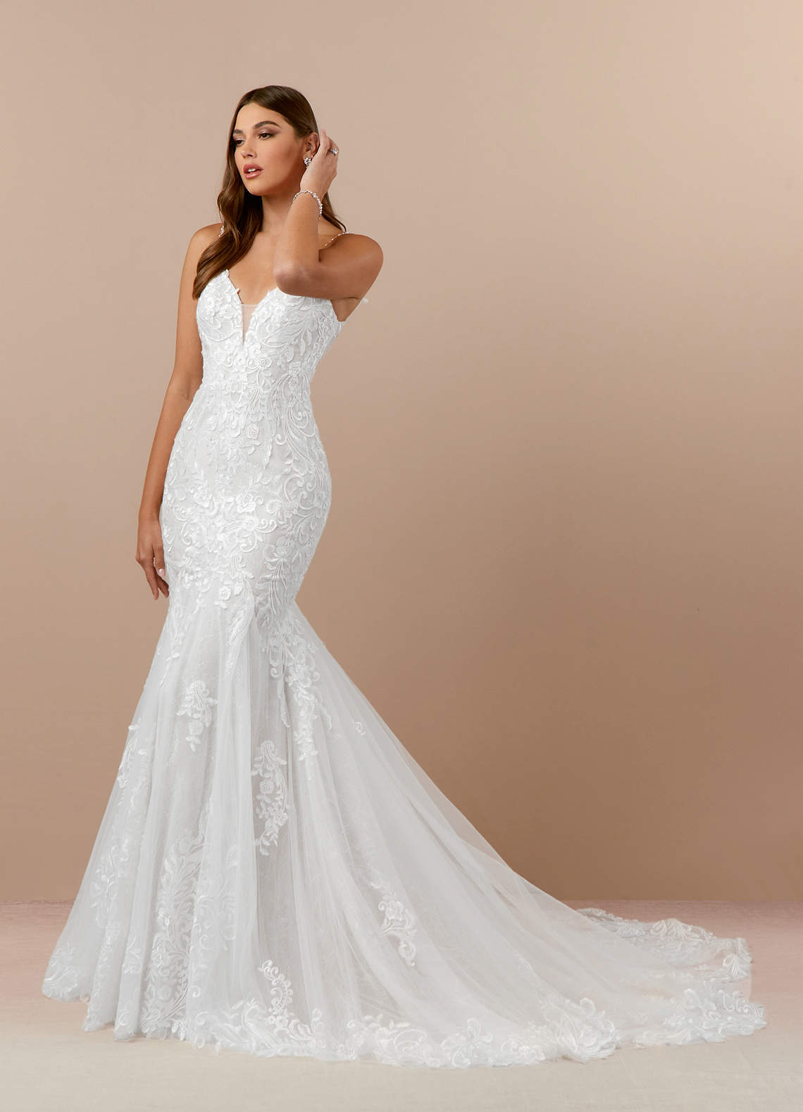 Azazie Camlynn Wedding Dresses Diamond White Mermaid V-Neck Sequins Tulle Dress image2